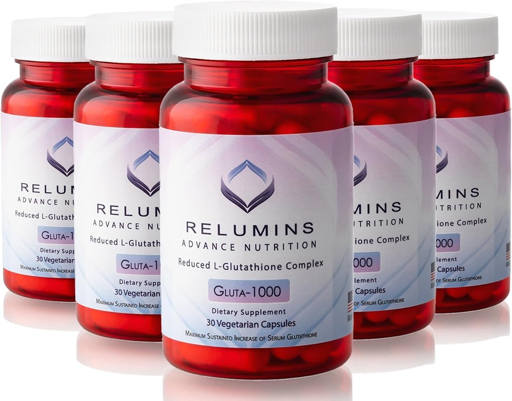 Relumins Advance Nutrition Gluta 1000 - Reduced L-Glutathione, Alpha Lipoic Acid & Rose HIPS, Antioxidant Support for Skin & Overall Wellness, Made in USA - 30 Capsules x 5 Bottles (75-Day Supply)
