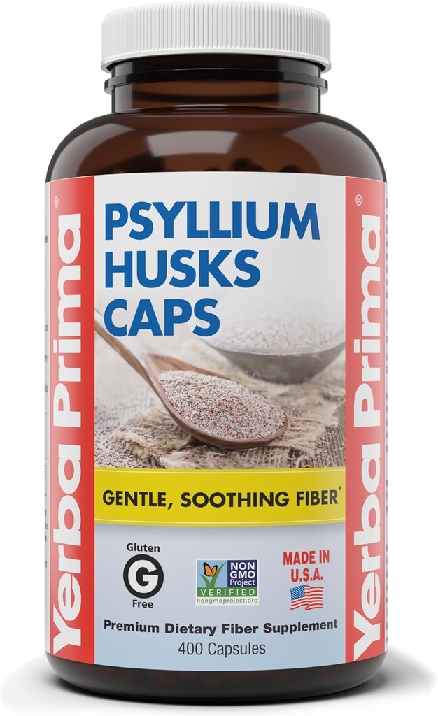 Yerba Prima Psyllium Husks Caps, 625 mg, 400 κάψουλες - Φυσικές Ίνες για άνδρες και γυναίκες - Συμπλήρωμα Υποστήριξης Κανονικότητας