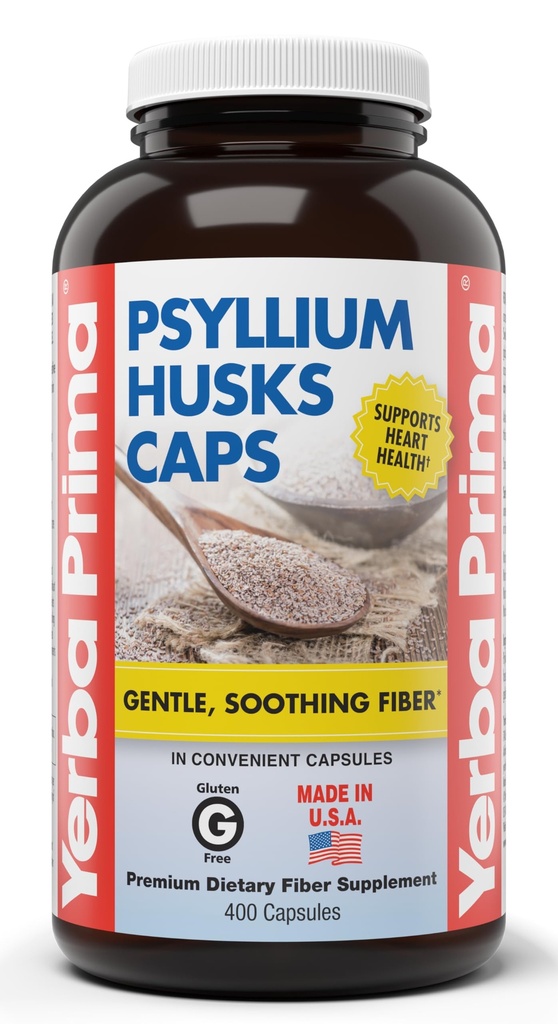 Yerba Prima Psyllium Husks Caps, 625 mg, 400 κάψουλες - Φυσικές Ίνες για άνδρες και γυναίκες - Συμπλήρωμα Υποστήριξης Κανονικότητας