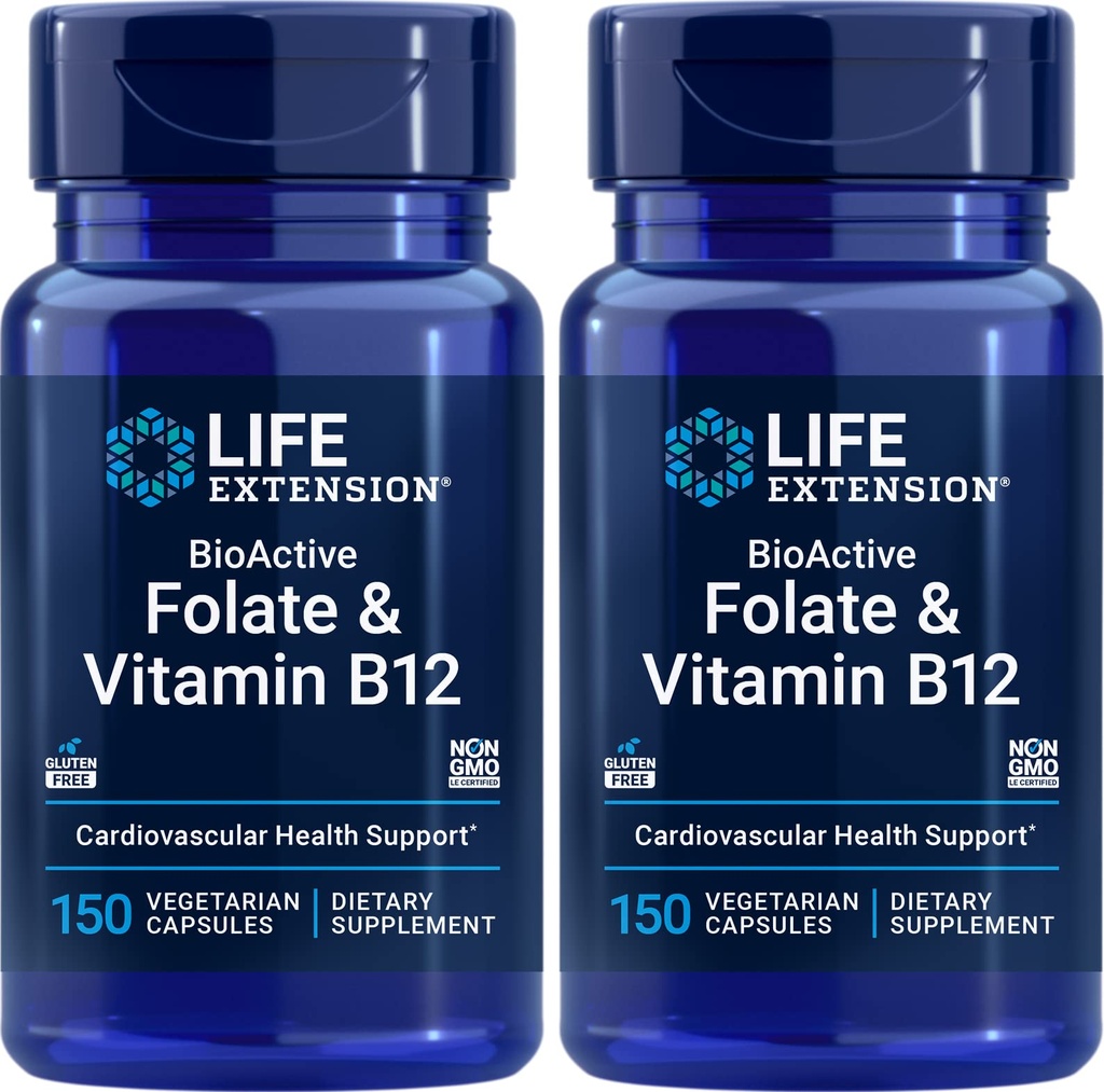 Επέκταση ζωής BioActive Folate & Βιταμίνη B12, 150 κάψουλες χορτοφάγων (Συσκευασία των 2), Μη ΓΤΟ, Χωρίς γλουτένη