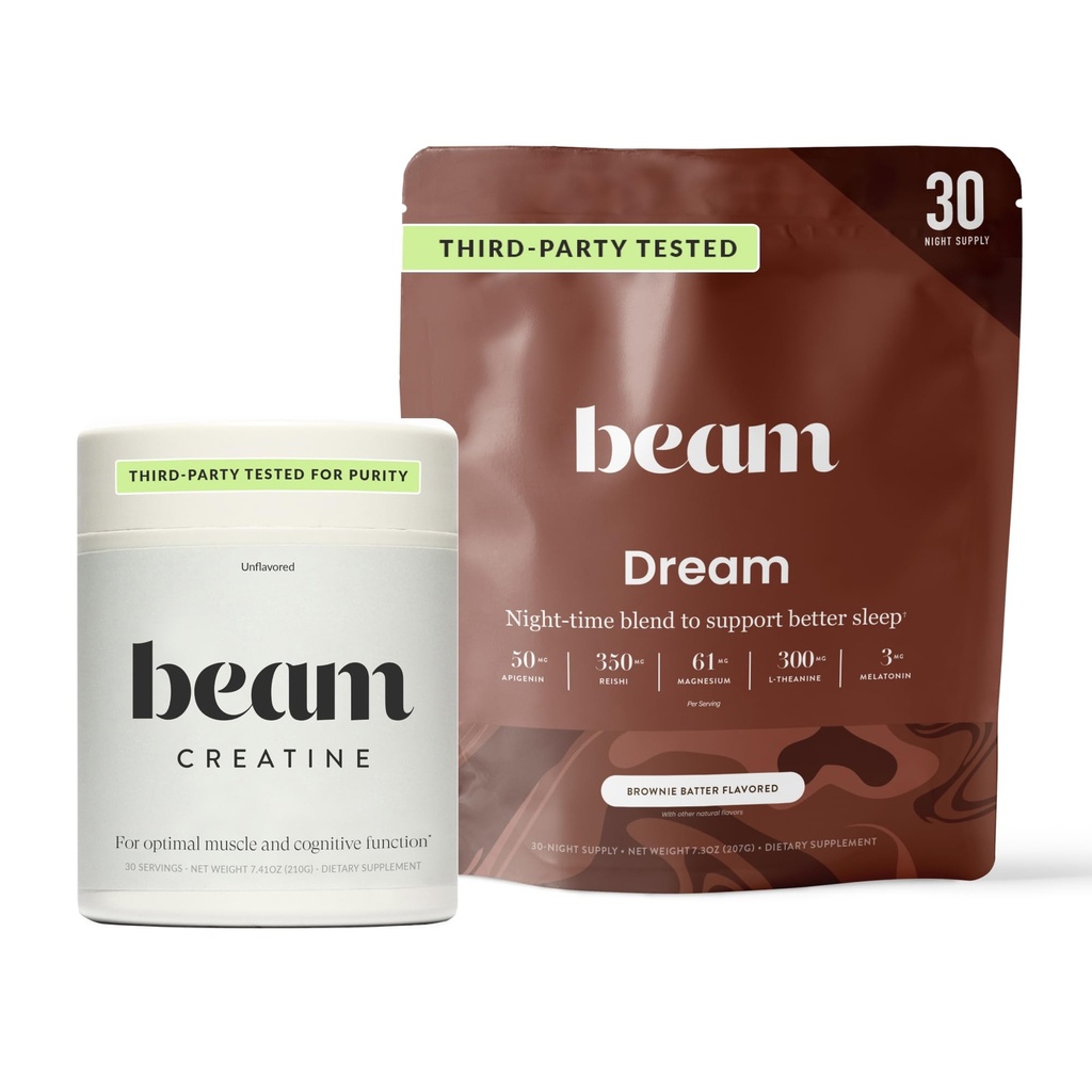 Beam Dream Sleep Powder & Creatine Bundle, Third party Tested Natural Sleep Aid & Recovery Supplement with Micronized Creatine Monohydrate, Unlavored Pure Creatine Powder for Muscle Strength, Energy