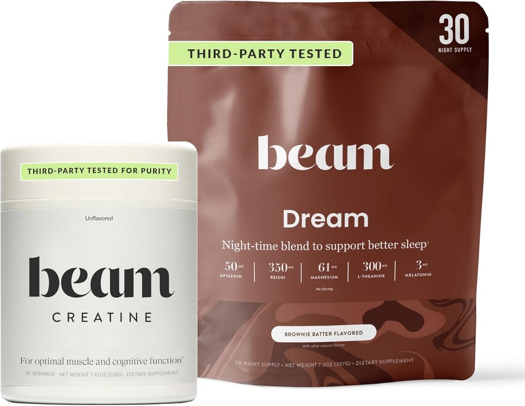 Beam Dream Sleep Powder & Creatine Bundle, Third party Tested Natural Sleep Aid & Recovery Supplement with Micronized Creatine Monohydrate, Unlavored Pure Creatine Powder for Muscle Strength, Energy