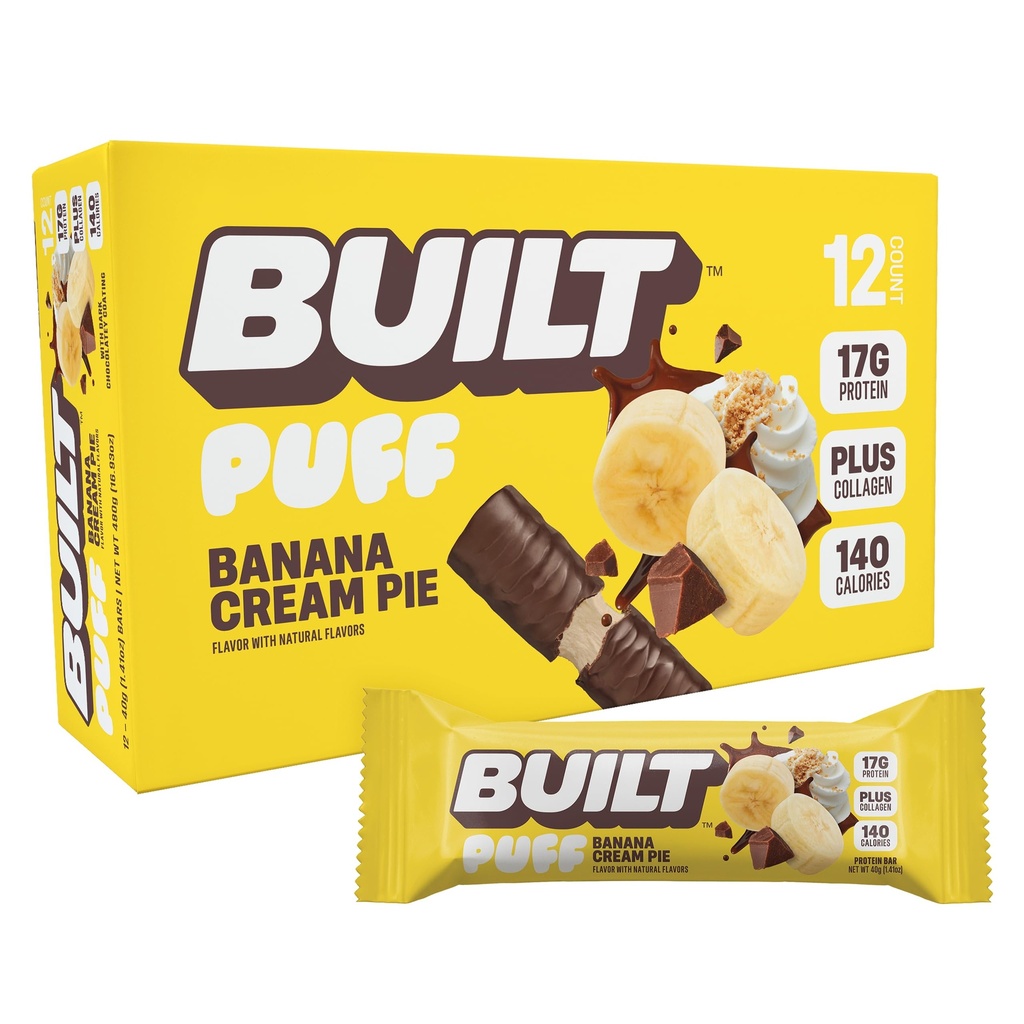 BUILT Bar Puff Protein Bars - Banana Cream Pie - 17g Protein Snack Bars with Collagen - Calorie Conscious & Gluten Free - 12 Count