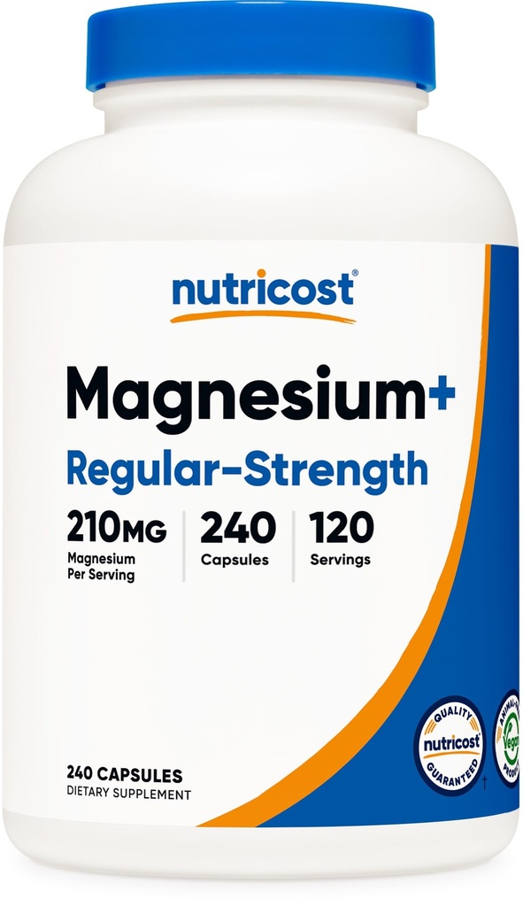 Nutricost Μαγνήσιο+ Τακτική Δύναμη (210mg, 240 κάψουλες) - 120 Σερβιέτες, Φτιαγμένα με Γλυκινικό μαγνήσιο και Οξείδιο, Μη ΓΤΟ, Χωρίς Γλουτένη και Φιλικά με Βέγκαν