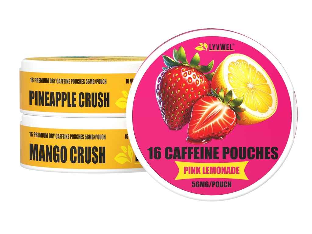 LyvWel 56mg Caffeine Energy Pouches – Pink Λεμονάδα, Pineapple Crush, Mango Crush – Fruity Clean Energy & Focus Boost with Guarana – 3-Pack Δείκτης (48 Total Pouches)