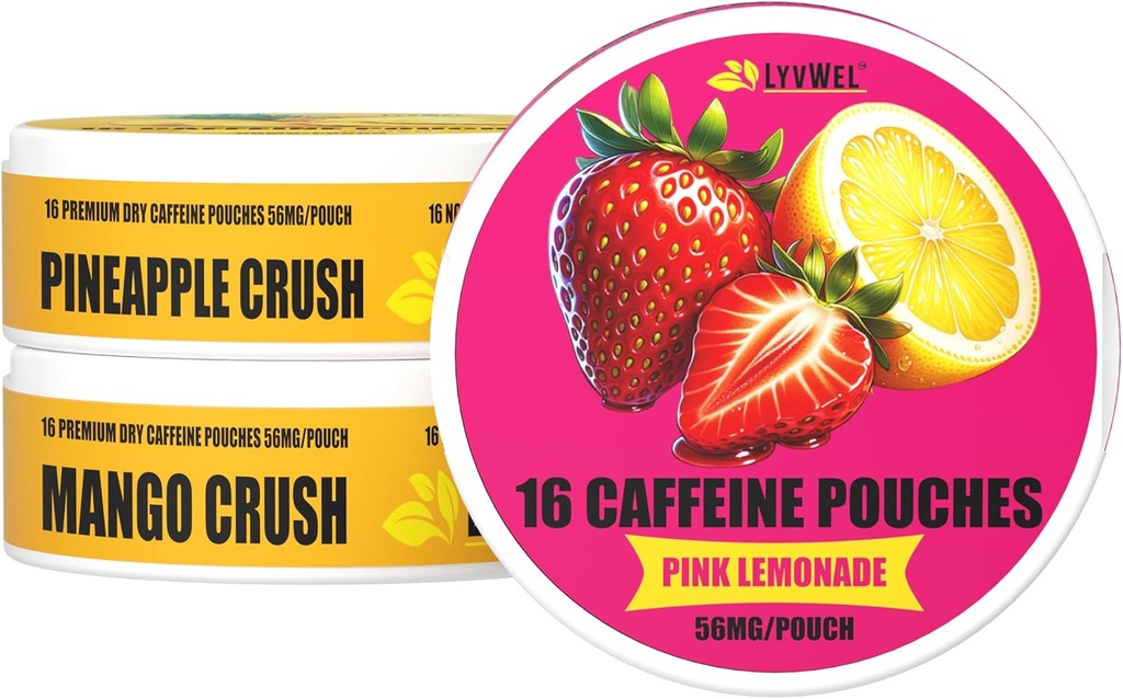 LyvWel 56mg Caffeine Energy Pouches – Pink Lemonade, Pineapple Crush, Mango Crush – Fruity Clean Energy & Focus Boost with Guarana – 3-Pack Sampler (48 Total Pouches)