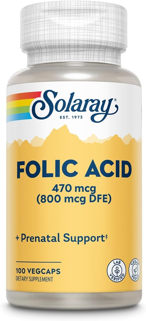 SOLARAY Folic Acid - Βιταμίνη Β9 Follic Acid Supplement, Προγεννητική Βιταμίνη - Υποστήριξη ανάπτυξης κυττάρων αίματος - Vegan, Εργαστήριο Επαληθευμένο, 60-Ημέρες Εγγύηση - 100 Μερίδες, 100 VegCaps