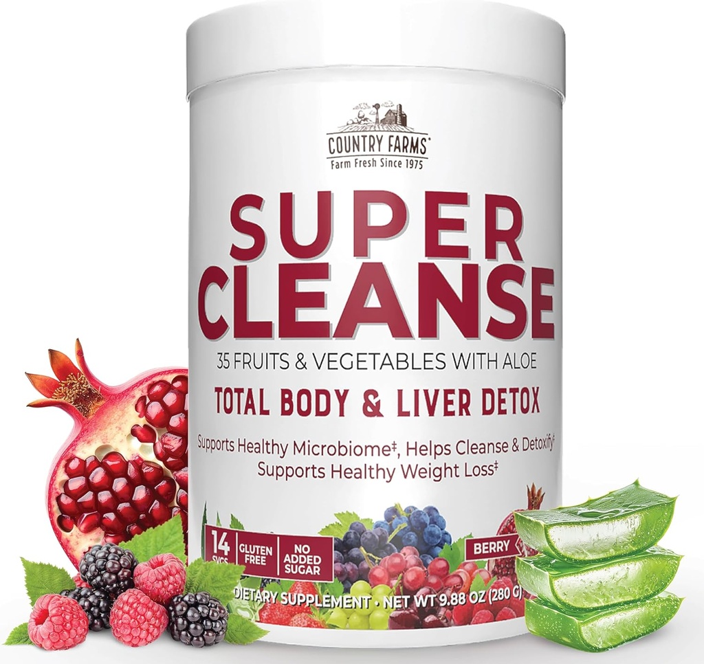 Χώρα Αγροκτήματα Super Cleanse, Super Juice Cleanse, Υποστηρίζει Υγιεινό Πειθαρχικό Σύστημα, 34 Φρούτα και Λαχανικά με Αλόη, προάγει τη φυσική αποτοξίνωση, πόσιμο σκόνη, 14 εξυπηρετούν, 9.88 Ουγγιά