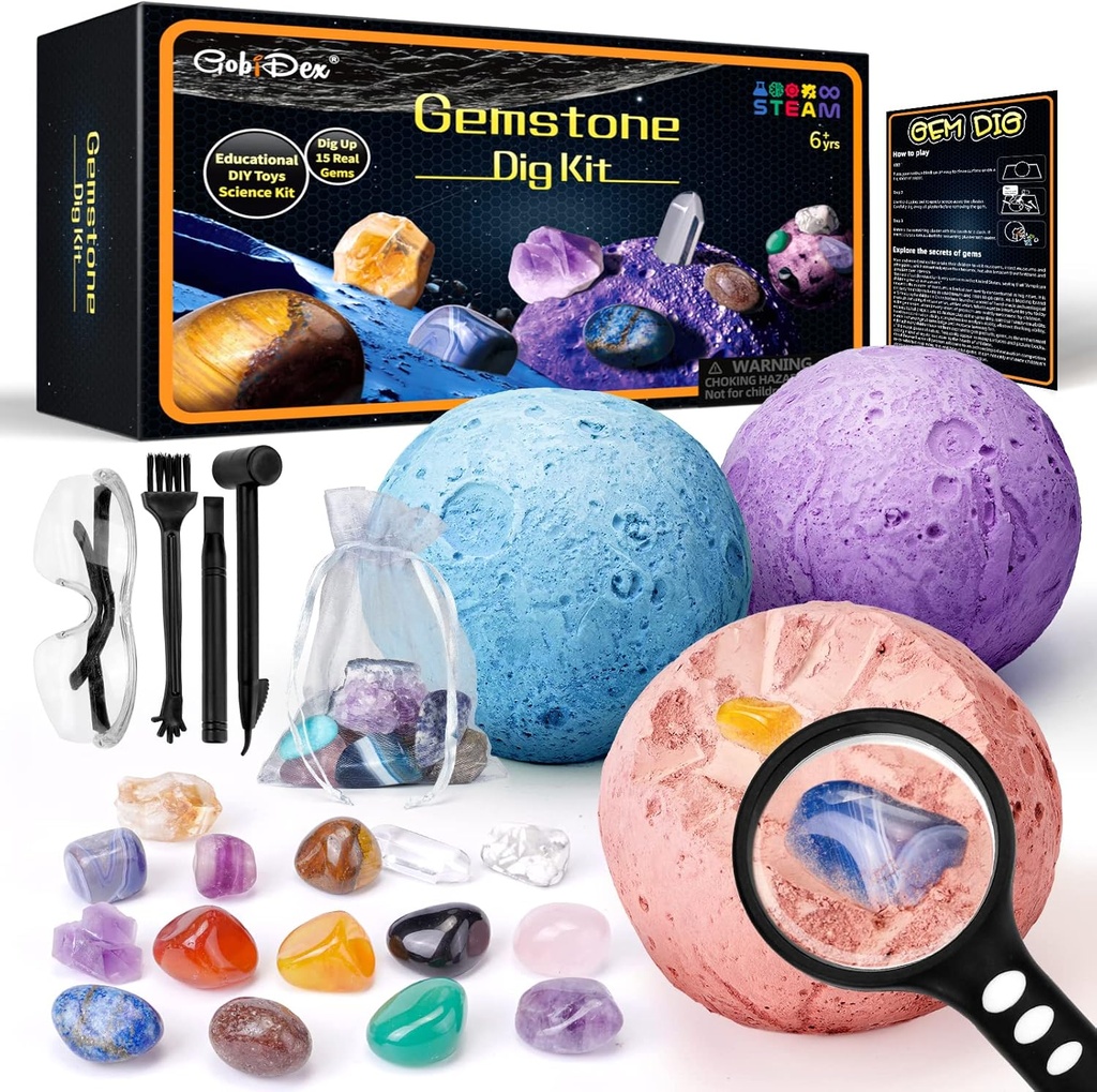 GobiDex Gemstones Dig Kit, Solar System Science Kit for Kids, Εκσκαφή 15 Real Gems, STEM Educational Space Toys Planet Collection Kit, Archaeology Geology Science Projects Δώρο για αγόρια & κορίτσια Ηλικία 6+