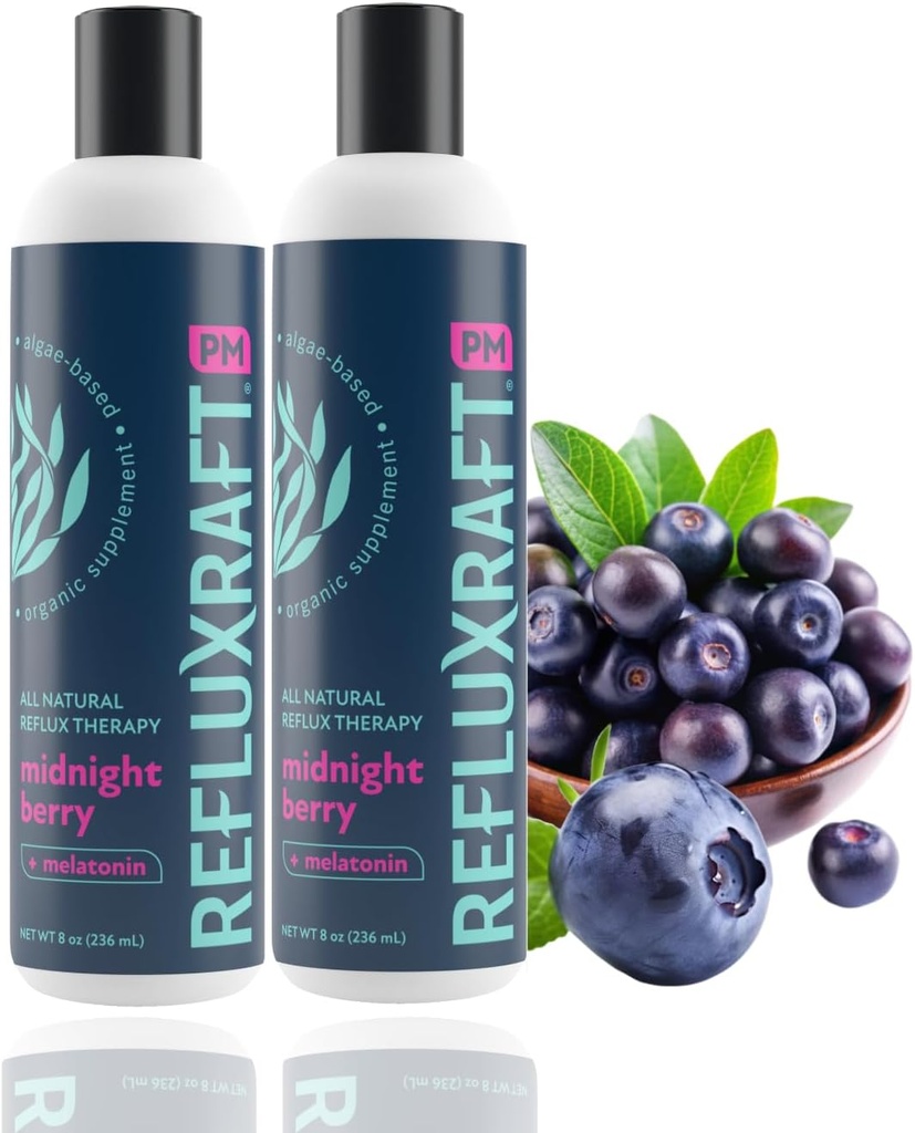 Acid Reflux Therapy PM, Organic Alginate & Melatonin, Rapid & Lasting Gerd, LPR & Digestion Symptom Support, Zero Sugar, Gluten Free, Midnight Berry, 47 Gel Servings Per 8 OZ Bottle, 2 Pack