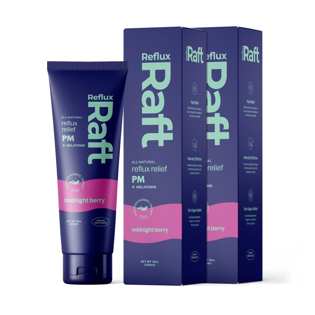 RefluxRaft Acid Reflux Therapy PM, Organic Alginate & Melatonin, Rapid & Lasting Gerd, LPR & Digestion Symptom Support, Zero Sugar, Gluten Free, Midnight Berry, 60 Gel Servings, 10 OZ Bottle, 2 Pack