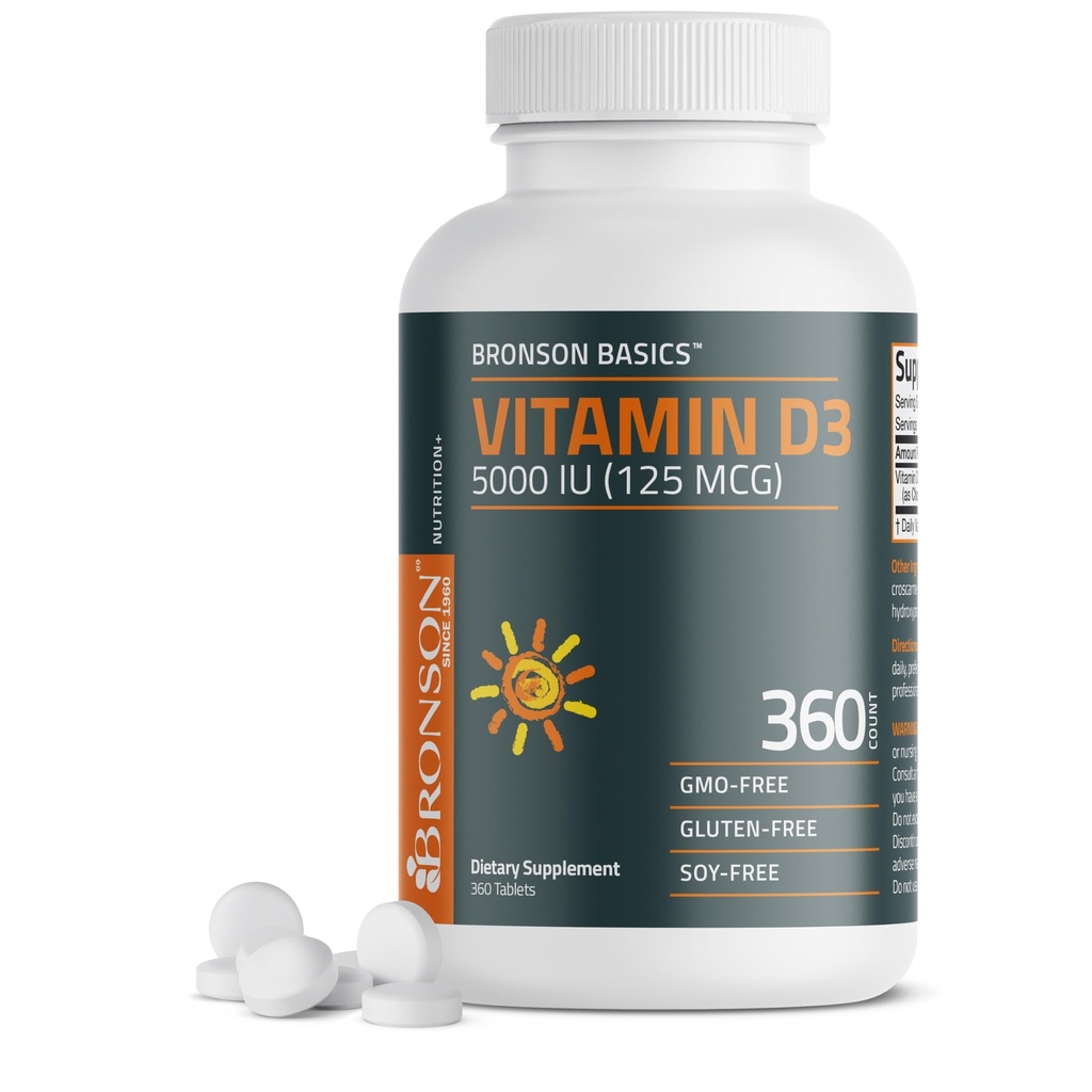 Bronson Βιταμίνη D3 5000iu (125mcg) 1 έτος προσφοράς για υγιή μυϊκή λειτουργία και ανοσοποιητική υποστήριξη, μη- ΓΤΟ, 360 δισκία