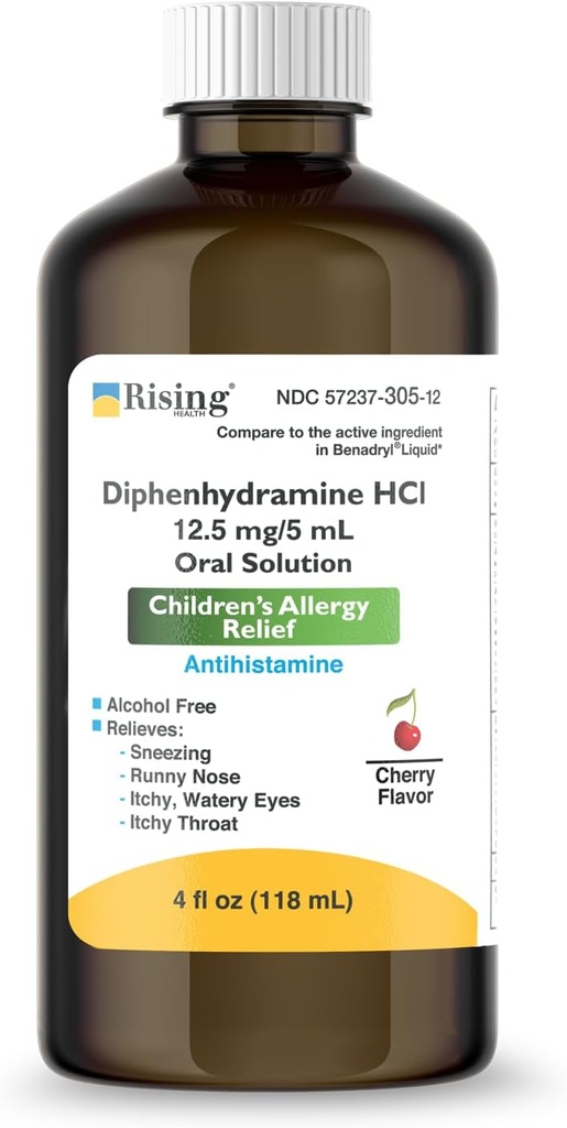 Rising Health - Allergy Relief Liquid Medicine with Diphenhydramine HCl 12.5mg/5ml - Kids' Allergy Syrup for Symptoms Like Runny Nose, Itchy Eyes & More - Cherry Flavor - 4 fl. oz