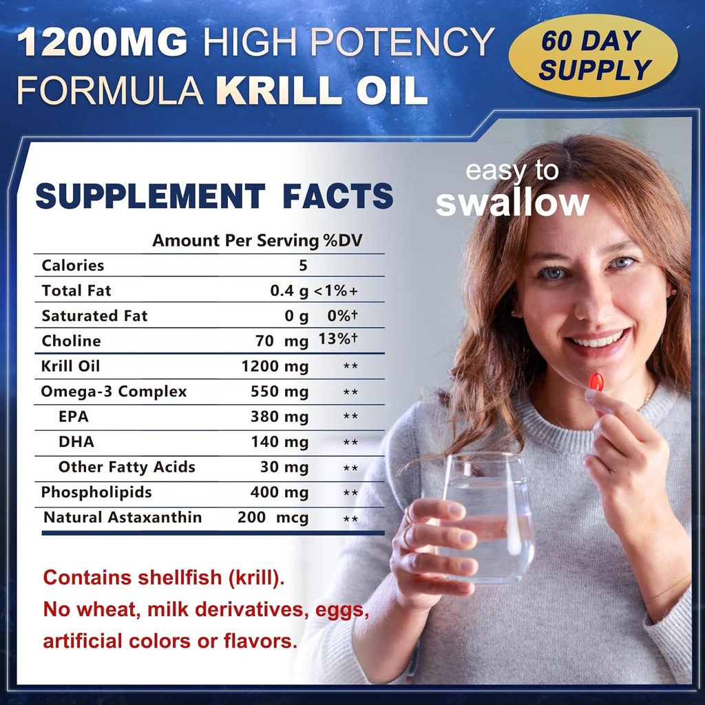 Krill Oil 1200 mg Omega 3 συμπλήρωμα, Krill Oil Omega 3 με υψηλή απορρόφηση EPA, DHA, Ασταξανθίνη & φωσφολιπίδια, υποστηρίζει την καρδιά & κοινή υγεία, δεν ψαρική επίγευση - 120 Softgels (60 εξυπηρετούν)