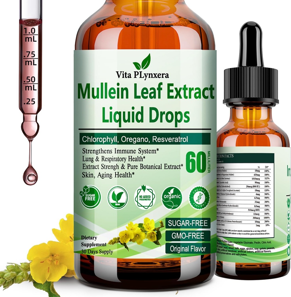 Mullein Drops for Lungs, Βιολογικό εκχύλισμα φύλλων Mullein για Lung Detox w. Chlorophyl Elderberry Oil Resveratrol Mullein Tintcture Alcohol Free, Original Flavor, 2 f Fl/Oz
