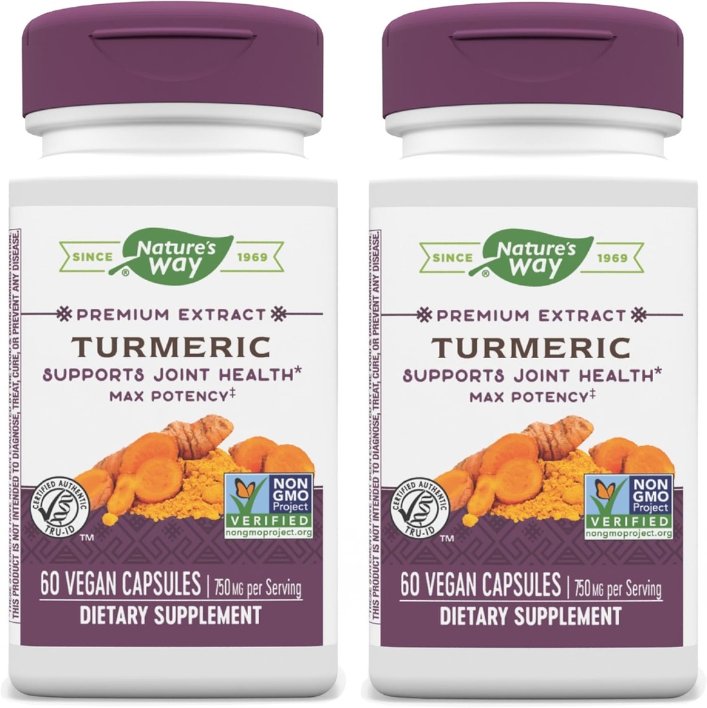 Nature's Way Turmeric Max Potency Premium Extract - Turmeric συμπλήρωμα για κοινή υποστήριξη* - με Turmeric Extract - για άνδρες & γυναίκες - Χωρίς γλουτένη - 60 Vegan κάψουλες (πακέτο του 2)