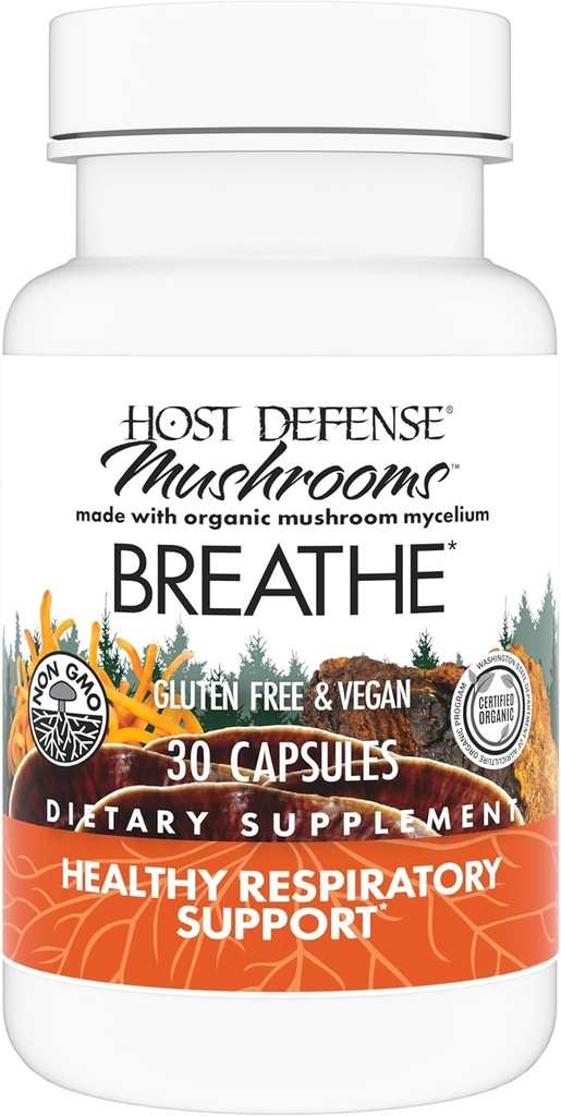 Host Defense Breath* Κάψουλες - Ανοσοποιητική & Αναπνευστική Υποστήριξη Mushroom Supplement - Βότανο Συμπληρώματα Υγείας Πνεύμονα με Chaga, Reishi & Cordyceps - 30 Κάψουλες (15 Υπηρεσίες)*