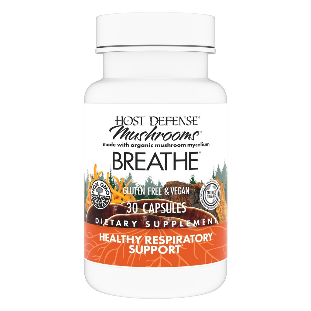 Host Defense Breath* Κάψουλες - Ανοσοποιητική & Αναπνευστική Υποστήριξη Mushroom Supplement - Βότανο Συμπληρώματα Υγείας Πνεύμονα με Chaga, Reishi & Cordyceps - 30 Κάψουλες (15 Υπηρεσίες)*