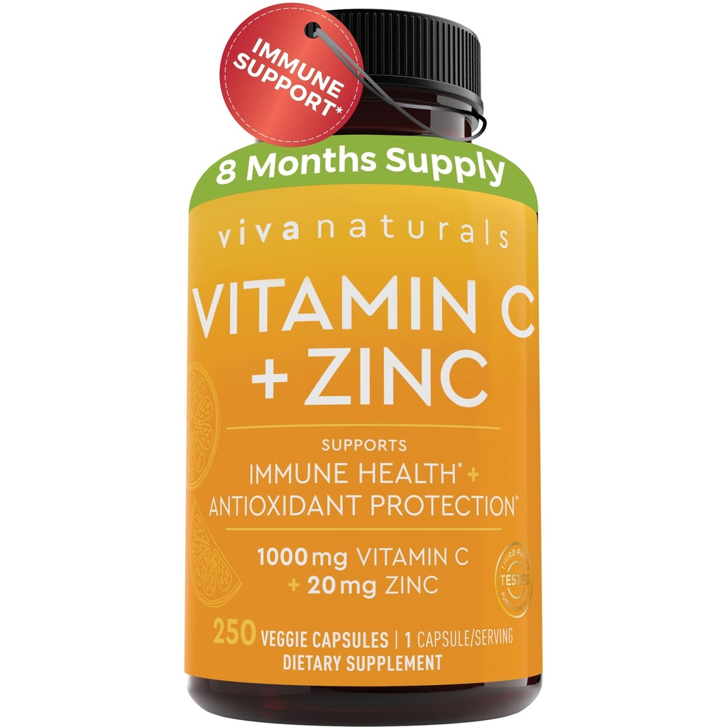 Viva Naturals Συμπλήρωμα βιταμίνης C και ψευδαργύρου (250 κάψουλες) - 1000 mg Βιταμίνη C με ψευδάργυρο 20 mg Αντιοξειδωτικά Συμπληρώματα για την Ανοσολογική Υποστήριξη, Συμπλήρωμα Βιταμίνης για Ενήλικες