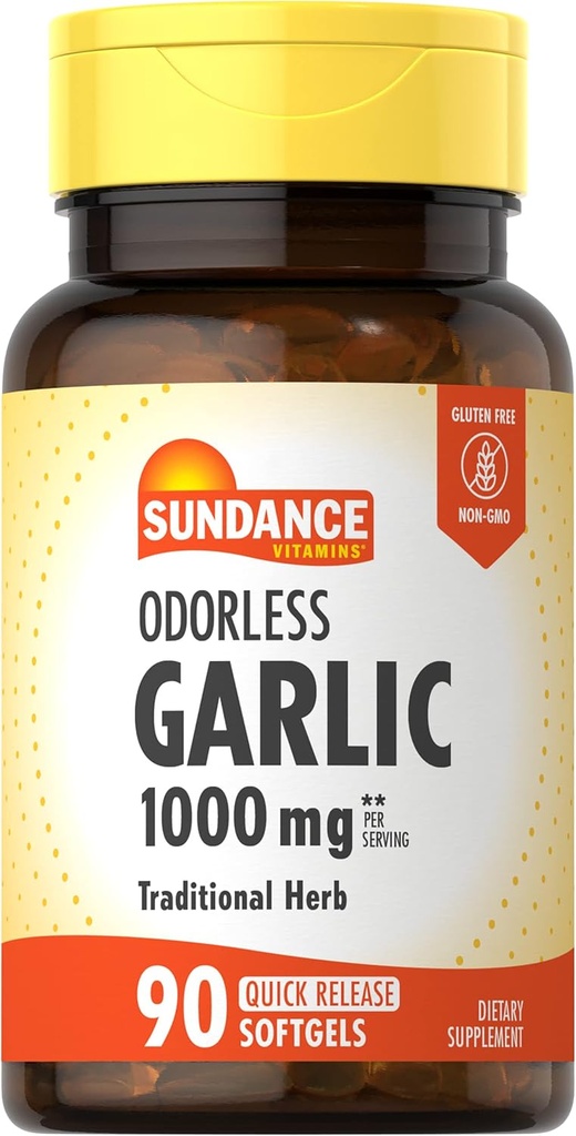 Sundance Odorless Garlic Softgels | 1000mg | 90 Count | Non-GMO and Gluten Free Supplement