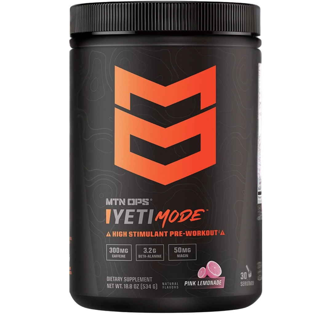 MTN OPS Yeti Mode Pre-Workout Powder - Εκρηκτικό υψηλής διέγερσης με 300mg καφεΐνη, Creatine Monohydrate, Beta-Alanine, και 45mg Niacin - Pink Λεμονάδα Γεύση σε 30 σερβιρίσματος Tub
