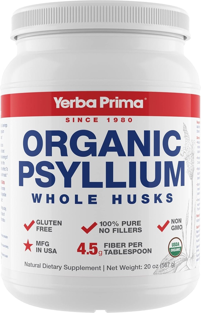 Yerba Prima Organic Psyllium Whole Husks Colon Cleanser - 20 oz - Φυσικό ημερήσιο συμπλήρωμα ινών διατροφής 20oz, Cleanser Colon, Regularity & Detox Cleansing Support, Gluten Free, Non GMO, Vegan