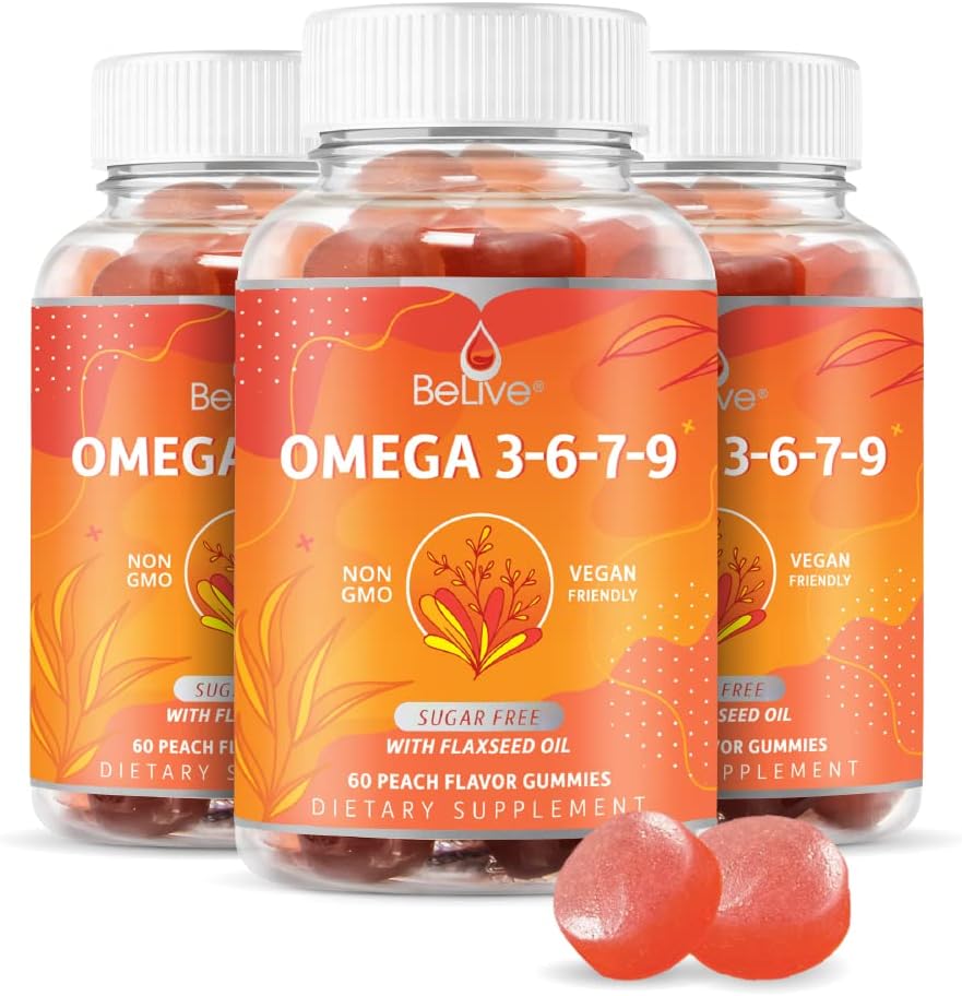 Belive Organic Omega 3 Gummies - Ωμέγα 3 6 9 7 DHA & EPA από έλαιο flaxseed & θαλασσινό έλαιο φρούτων Buckthorn, Vegan, για παιδιά & ενήλικες, πλήρες σώμα, εγκέφαλος & μάτια υποστήριξη, ζάχαρη δωρεάν – Ροδάκινο 