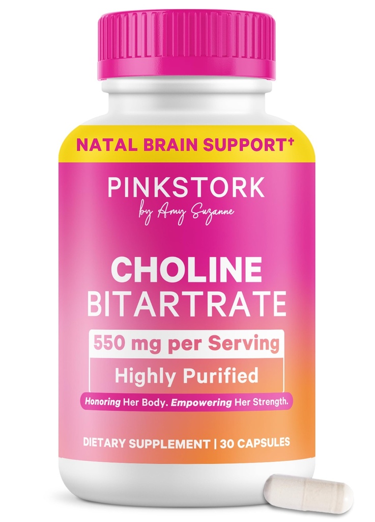 Pink Stork Choline - 550 mg Choline Bitartrate από VitaCholine για Έγκυες + Επιλόχειες Moms - Προγεννητική Βιταμίνη για Φυτική Γνωστική Υγεία + Ποιότητα Μητρικού Γάλατος - 1 Καψάκιο Καθημερινά, 30 Count
