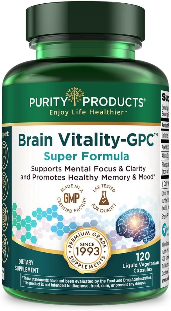 Purity Products Brain Vitality-GPC Super Formula Acetyl L-Carnitine HCI + Alpha GPC + Phosphatidlyserine - Supports Normal Concentration and Mental Clarity - 120 Caps