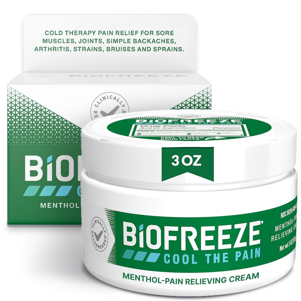 Biofreeze Pain Relief Cream for Knee, Neck, Hip, Joint, Shoulder, & Simple Backache, Arthritis Pain Reliever, Sore Muscle Relief, Cooling Menthol Pain Cream, 3 Oz