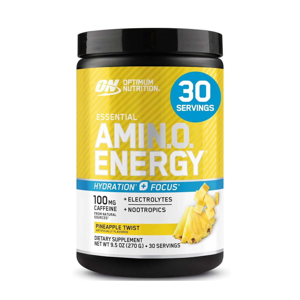 Optimum Nutrition Amino Energy Powder Plus Hydration, με BCAA, ηλεκτρολύτες, και καφεΐνη, Pineapple Twist, 30 εξυπηρετήσεις (Packaging May Vary)