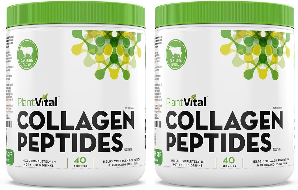 Plantvital Pure Collagen Peptides Peptides Powder - 100% Grass feed Collagen Powder - Non-GMO, Παλαιοφιλικό - Διάλυση, Unflavored, Made in USA. 40 Servings 400g - Συσκευασία των 2