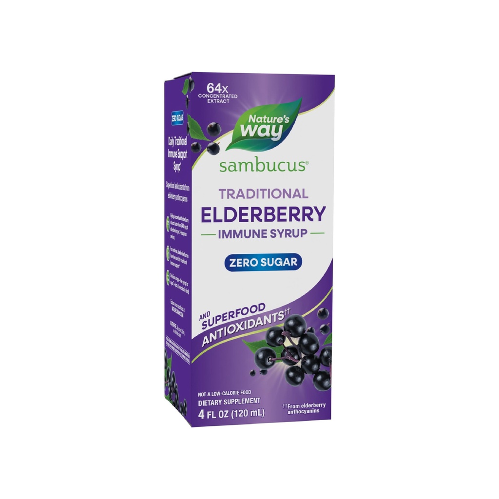 Nature’s Way Sambucus Zero Sugar Traditional Immune Syrup, Εξαιρετικά συμπυκνωμένο Black Elderberry Extract, Traditional Immune Support*, με Superfood Antioxidants(1), 4 Fl Oz (Packaging May Vary)