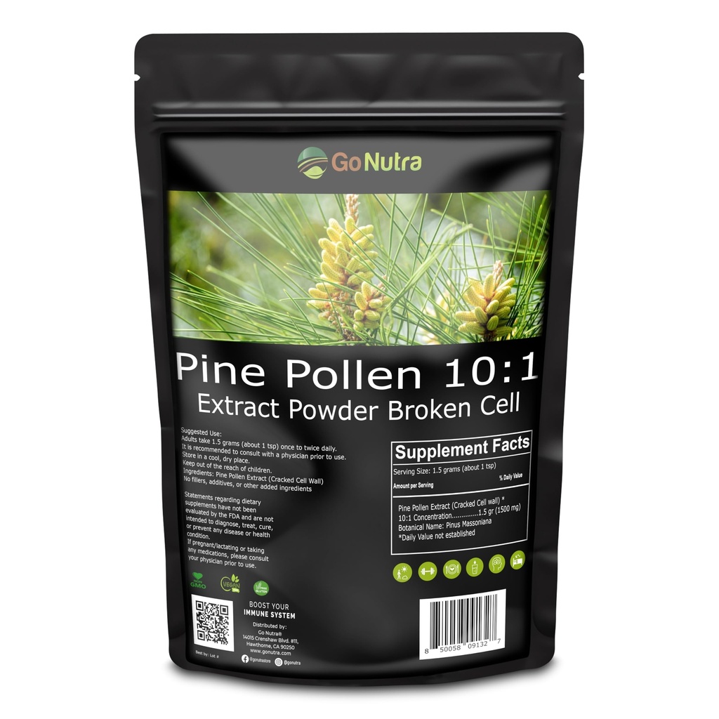 Go Nutra Pine Pollen Powder | Wild Harvested & Broken Cell Wall | Pure 10:1 Pine Pollen Extract, Antioxidant-Rich & Androgenic | Supports Health, Energy | Vegan, Non-GMO, Gluten Free | 6 Ounce