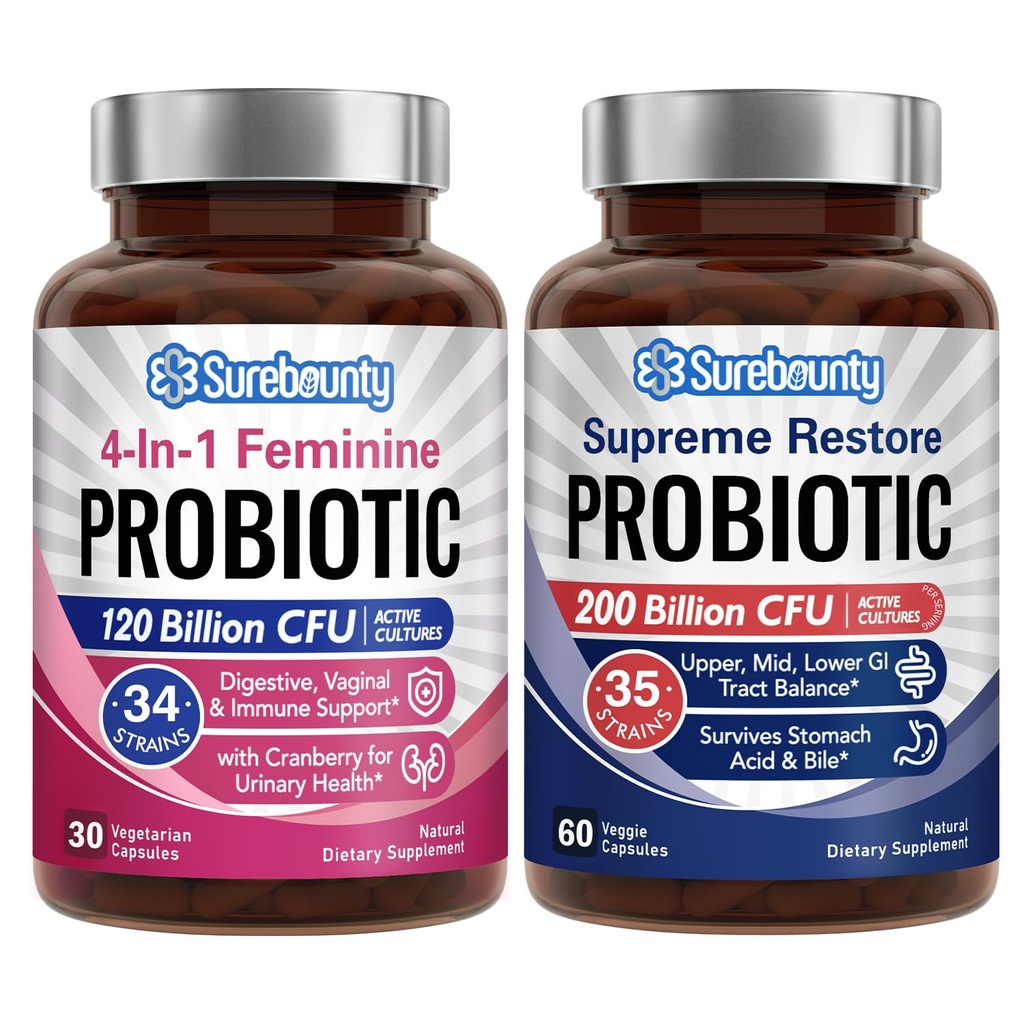 Probiotic Bundle, 4-σε-1 Feminine Probiotic (30ct) & Supreme Restore Probiotic (60ct), 2 συσκευασίες, Cranberry Κολπική Υποστήριξη, GI Ελκυστική Ισορροπία, Vegan, Μη-Dairy