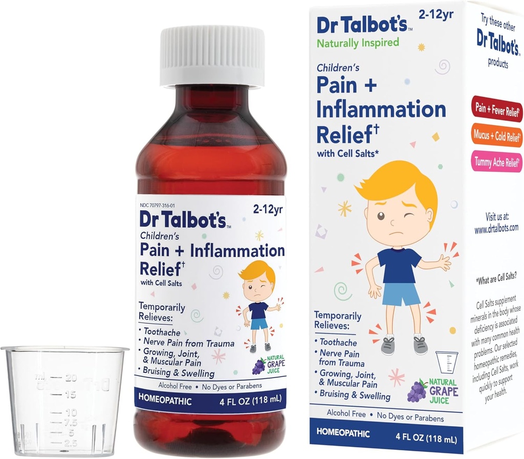 Dr. Talbot's Pain + Flammation Relief Liquid Medicine for Children, περιλαμβάνει Κύπελλο Δοσολογίας, Grape Juice Flavor, 4 Fl Oz (Packaging May Vary)