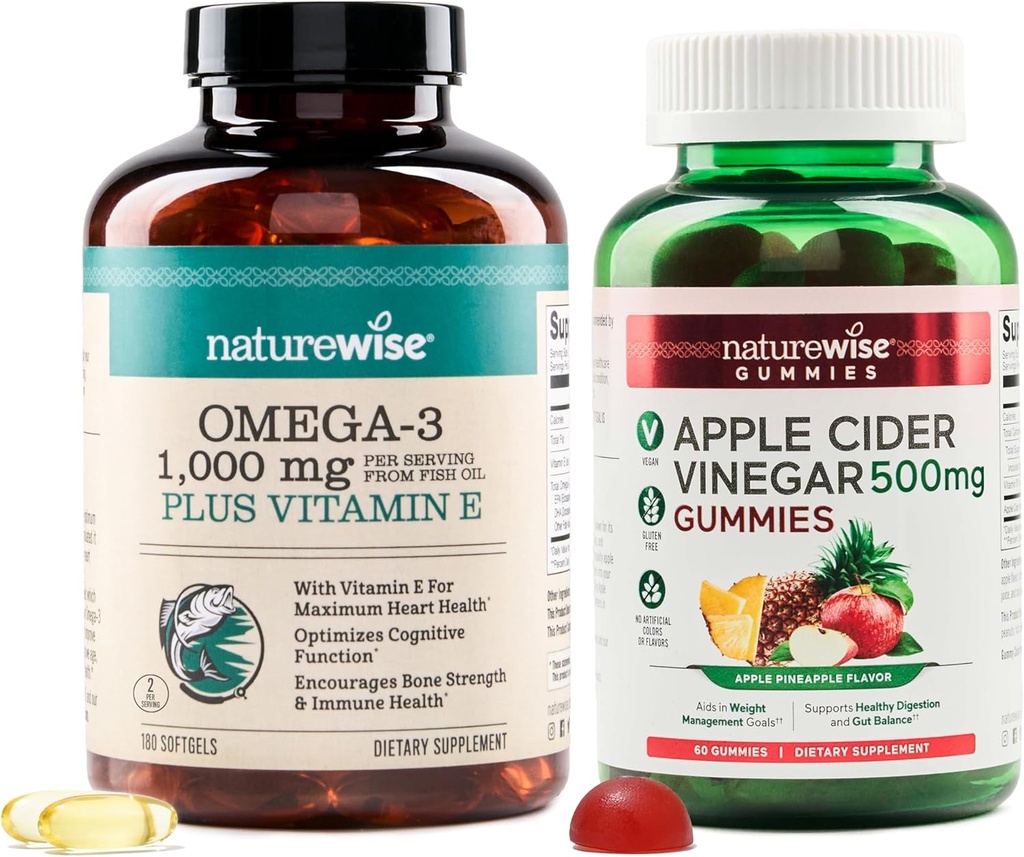 NatureWise Omega-3 Fish Oil 1000mg με E 180-Count+ Μηλίτη Ξίδι Ξύδι 500mg με B12, 60-Count (Vegan Gummy) - Δέσμη για την καρδιά, το μάτι, Digestive Health - Χωρίς γλουτένη, χωρίς σόγια, μη-GMO