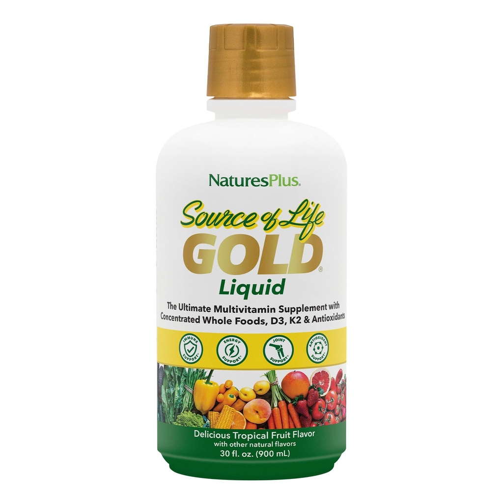 NaturesPlus Source of Life Gold Multivitamin Liquid - 30 oz - με Βιταμίνες D3, B12 & K2 - Αίμα, Οστά & Ανοσοποιητική Υποστήριξη - Χορτοφαγικά & Χωρίς Γλουτένη - 30 Μερίδες