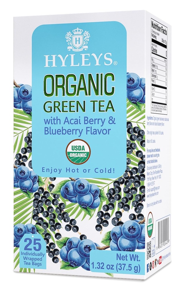 Hyleys Organic Green Tea Acai Berry and Blueberry Flavor - 25 Τσάντες Τσάι - (6 Pack - 150 Τσάντες Τσάι Σύνολο)