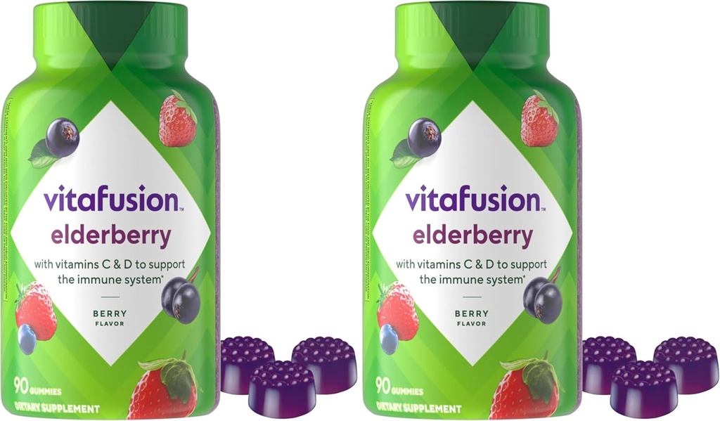 Vitafusion Elderberry Gummy Βιταμίνες, 90ct Elderberry Gummy Βιταμίνες, Μασώμενα, 90 Count (Pack of 2)
