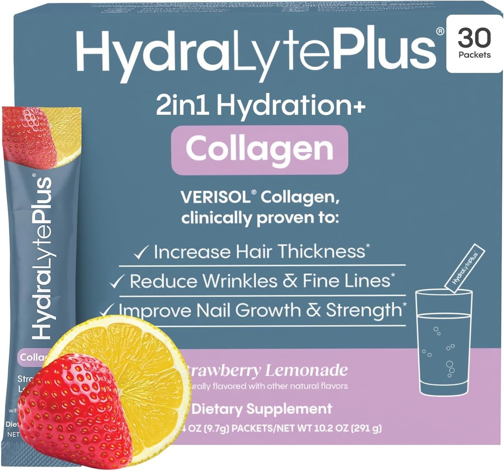 Hydralyte Verisol Collagen Packets με Electrolytes, Hydration Packets με Collagen για γυναίκες και άνδρες, Electrolytes Powder με Collagen για Ταξίδι και Καθημερινή Ενυδάτωση με Βιταμίνη C (30 Count)