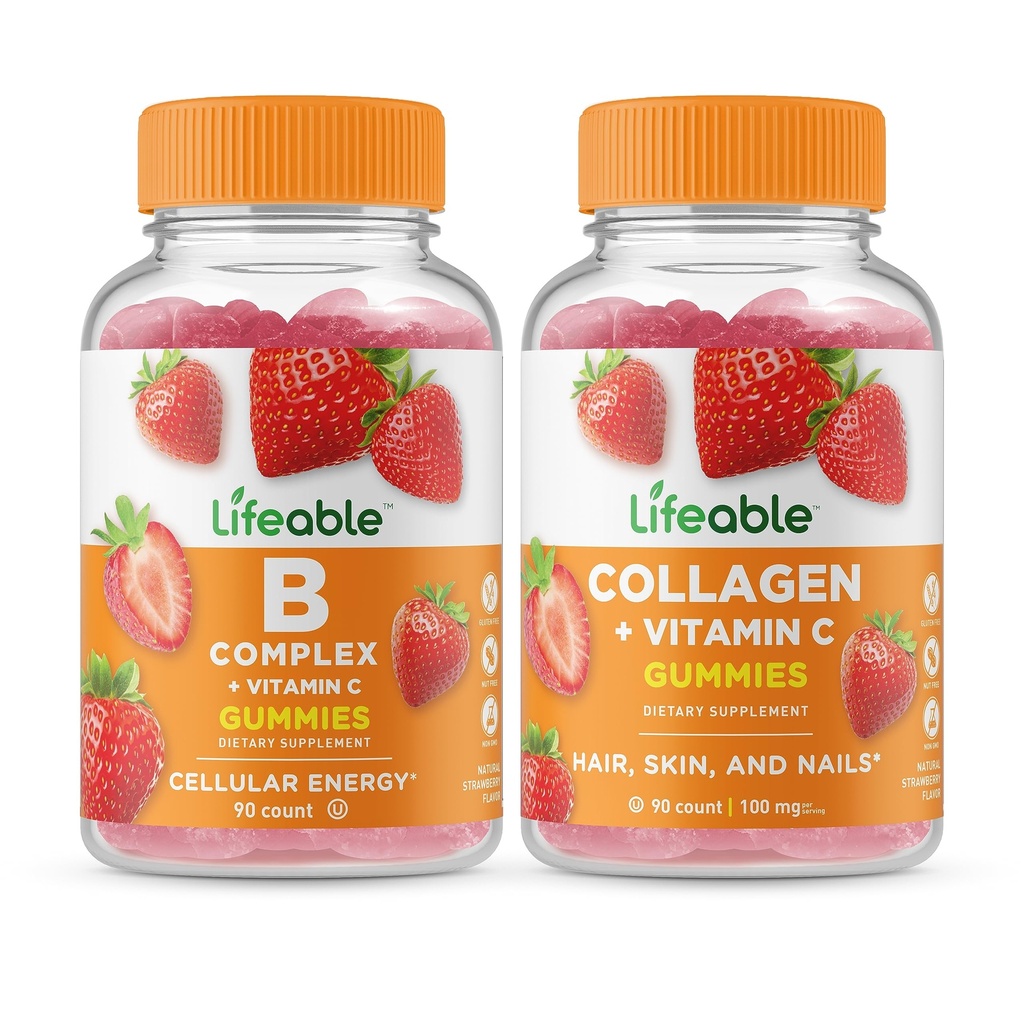 Βιώσιμο σύμπλεγμα Β + κολλαγόνο & βιταμίνη C, Gummies Bundle - Μεγάλη γεύση, συμπλήρωμα βιταμίνης, χωρίς γλουτένη, GMO δωρεάν, μασώμενη κοιλιά