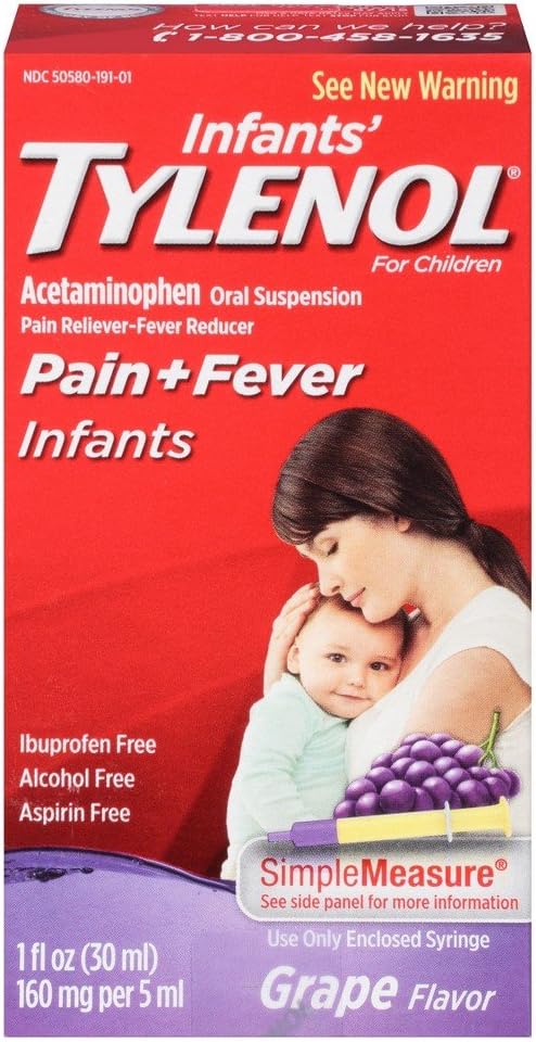 Πόνος για βρέφη Tylenol + Πυρετός από του στόματος εναιώρημα Grape Flavor - 1 oz, Συσκευασία των 3