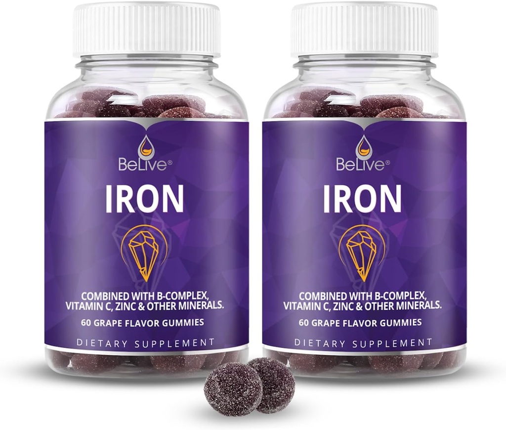 Belive Iron Gummies - Multivitamin Iron Supplement with Vitamin C, A, B & Zinc, Υποστηρίζει οξυγόνο αίματος, Vegan Συμπληρώματα για γυναίκες, άνδρες & παιδιά για την ανάπτυξη και την ανάπτυξη - Grape Flavor 
