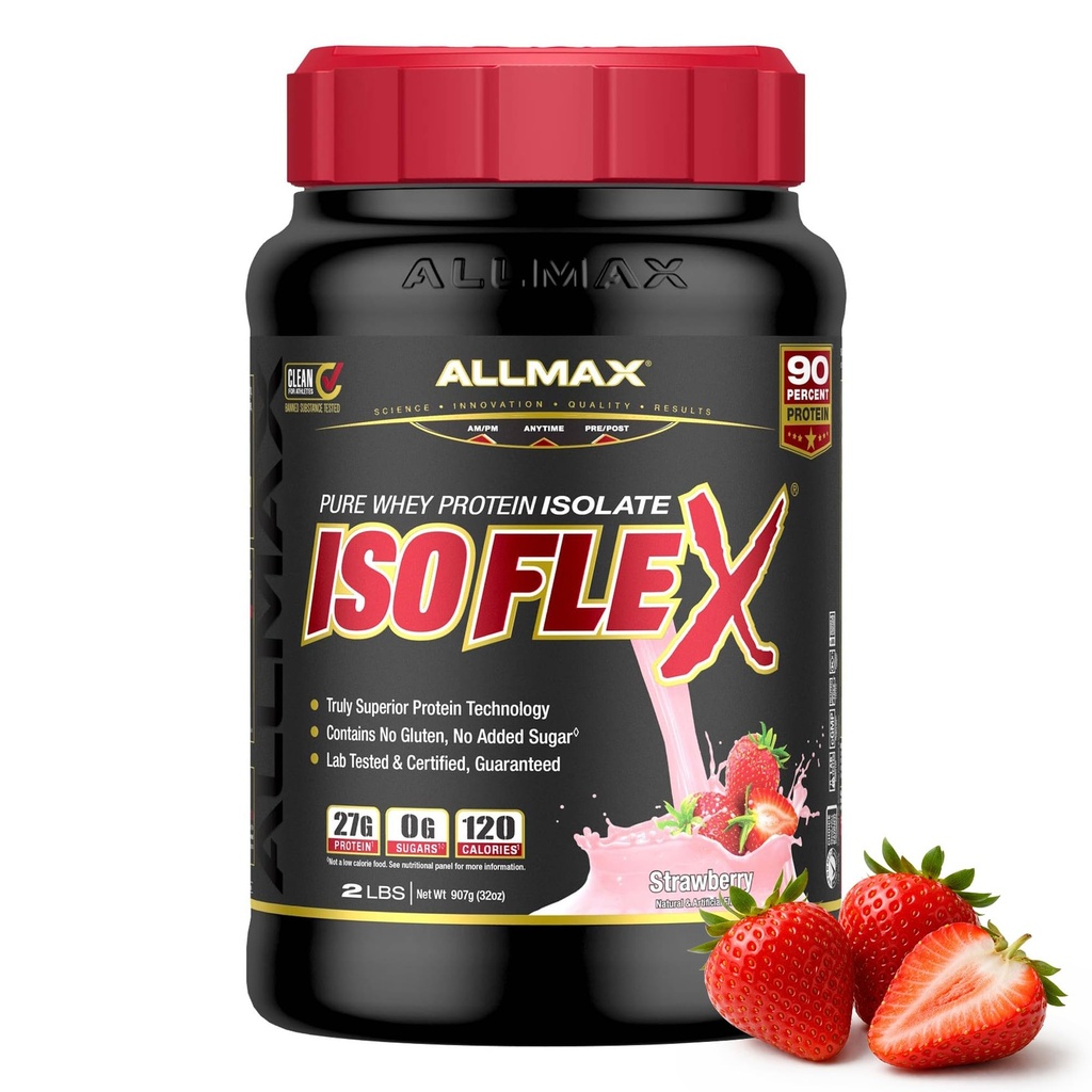 ISOFLEX διατροφής ALLMAX Whey Protein Isolate, Strawberry - 2 lb - 27 γραμμάρια πρωτεΐνης ανά Scoop - Zero Fat & Sugar - 99% Χωρίς λακτόζη - Χωρίς γλουτένη & χωρίς σόγια - Κατά προσέγγιση 30 Σερβιέτες