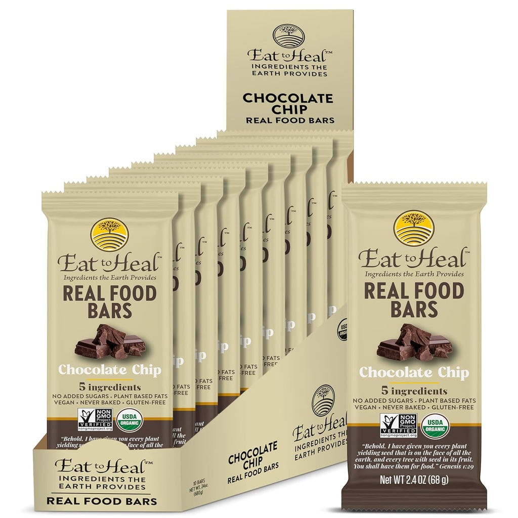 EatToHeal Chocolate Chip Real Food Bar - Organic Vegan Healthy Gluten Free Protein Bars - Χαμηλή μπάρα αντικατάστασης γεύματος ζάχαρης, μη ΓΤΟ, ποτέ δεν ψήθηκε, Plant Based - Κατασκευασμένο για να απολαύσετε, δεν κάθονται στα ράφια