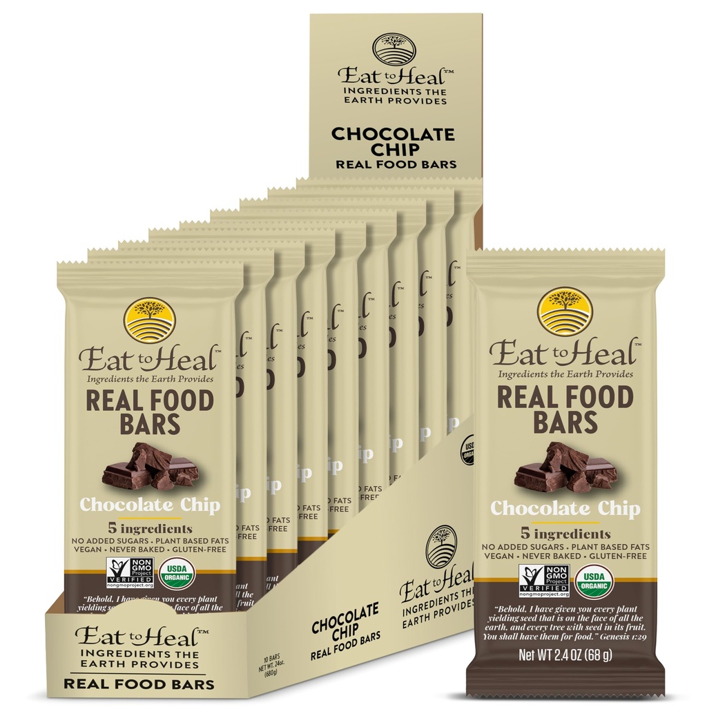 EatToHeal Chocolate Chip Real Food Bar - Organic Vegan Healthy Gluten Free Protein Bars - Χαμηλή μπάρα αντικατάστασης γεύματος ζάχαρης, μη ΓΤΟ, ποτέ δεν ψήθηκε, Plant Based - Κατασκευασμένο για να απολαύσετε, δεν κάθονται στα ράφια