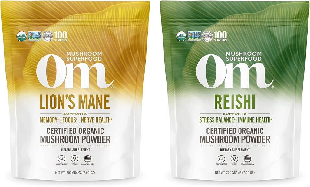 OM MUSHROOM SUPERFOOD 7.05oz Bundle, Mane & Reishi οργανική σκόνη μανιταριών, 200 υπηρεσίες