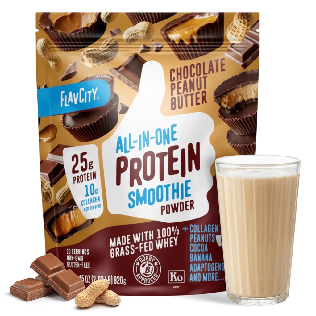 FlavCity Grass Fed Whey Chocolate Protein Powder - Σοκολάτα Φυστικοβούτυρο - 25g Πρωτεΐνη & 10g Κολλαγόνο - Κατασκευασμένο με Βιολογικό Κακάο & Γάλα καρύδας - Χωρίς γλουτένη & Χωρίς πρόσθετα σάκχαρα (20 σερβιρίσματα)