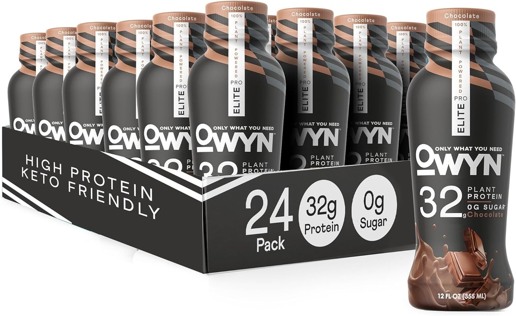 OWYN Only What You Need Pro Elite Vegan High Protein Keto Shake, 32g Protein, 9 Amino Acids, Omega-3, Prebiotics, Workout and Recovery, 0g Net Carbs, Zero Sugar (Chocolate, 12 Fl Oz (Pack of 24)